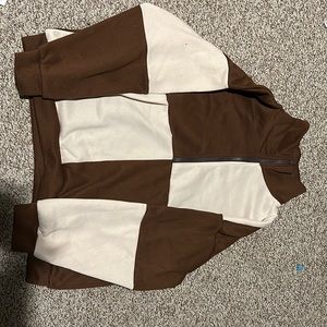 Large Brown and Cream Colorblock Shien Half-Zip Up Sweatershirt